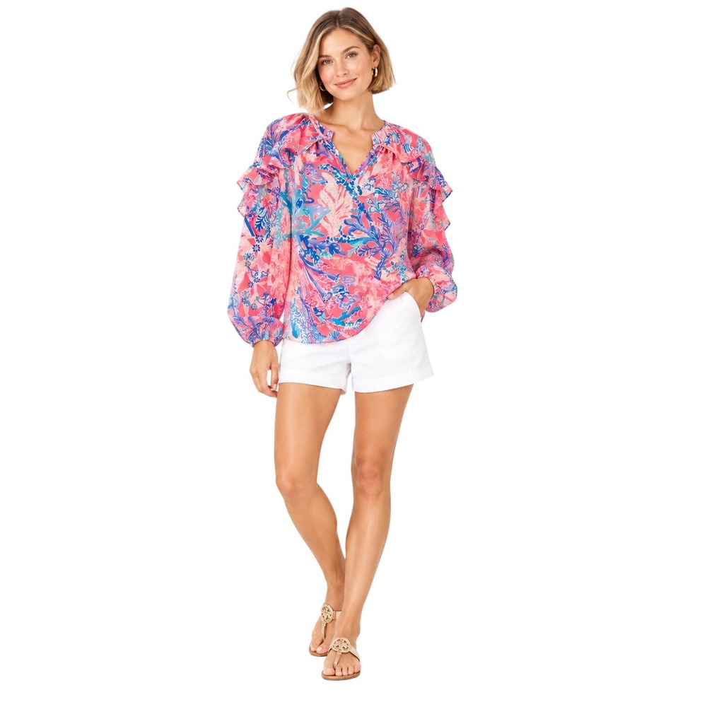 Lilly Pulitzer Elora Top XS Pink Blue Tropical Ruffle V-Neck Blouse
